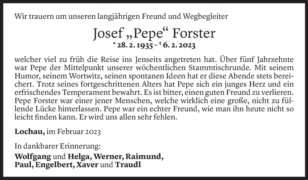  Todesanzeige für Josef Forster vom 10.02.2023 aus Vorarlberger Nachrichten