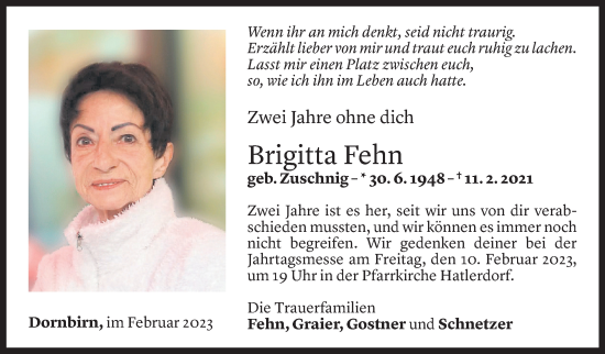 Todesanzeige von Brigitta Fehn von Vorarlberger Nachrichten