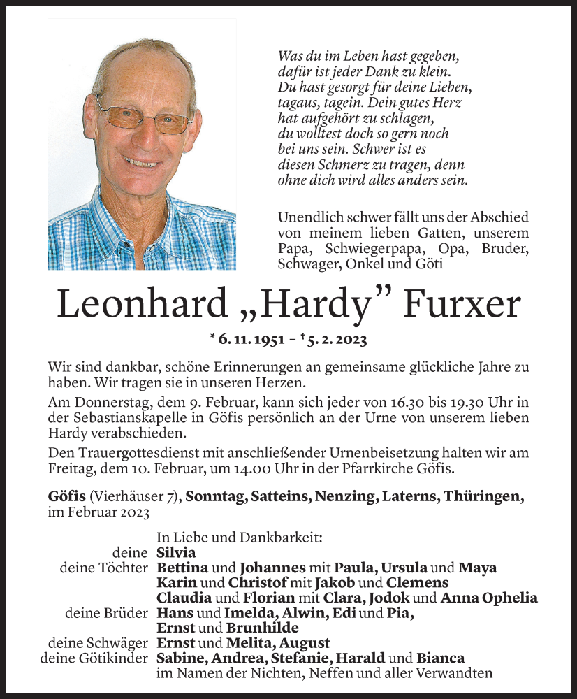  Todesanzeige für Leonhard Furxer vom 08.02.2023 aus Vorarlberger Nachrichten