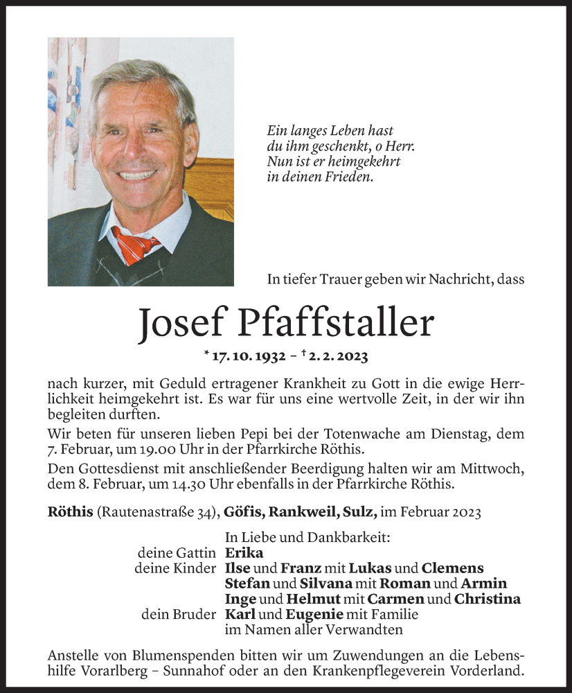  Todesanzeige für Josef Pfaffstaller vom 04.02.2023 aus Vorarlberger Nachrichten