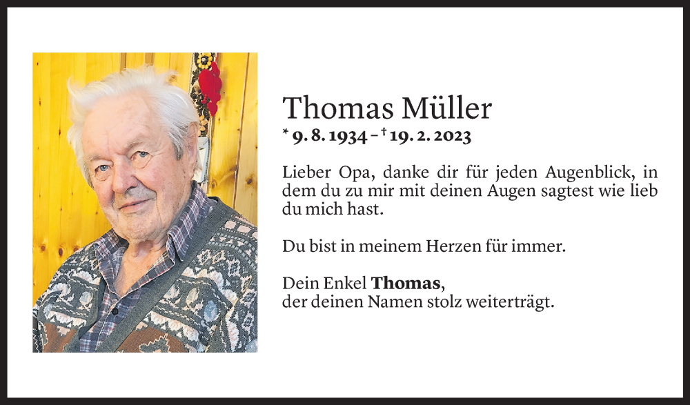  Todesanzeige für Thomas Müller vom 22.02.2023 aus Vorarlberger Nachrichten