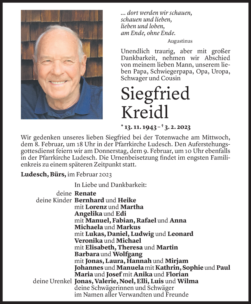  Todesanzeige für Siegfried Kreidl vom 07.02.2023 aus Vorarlberger Nachrichten
