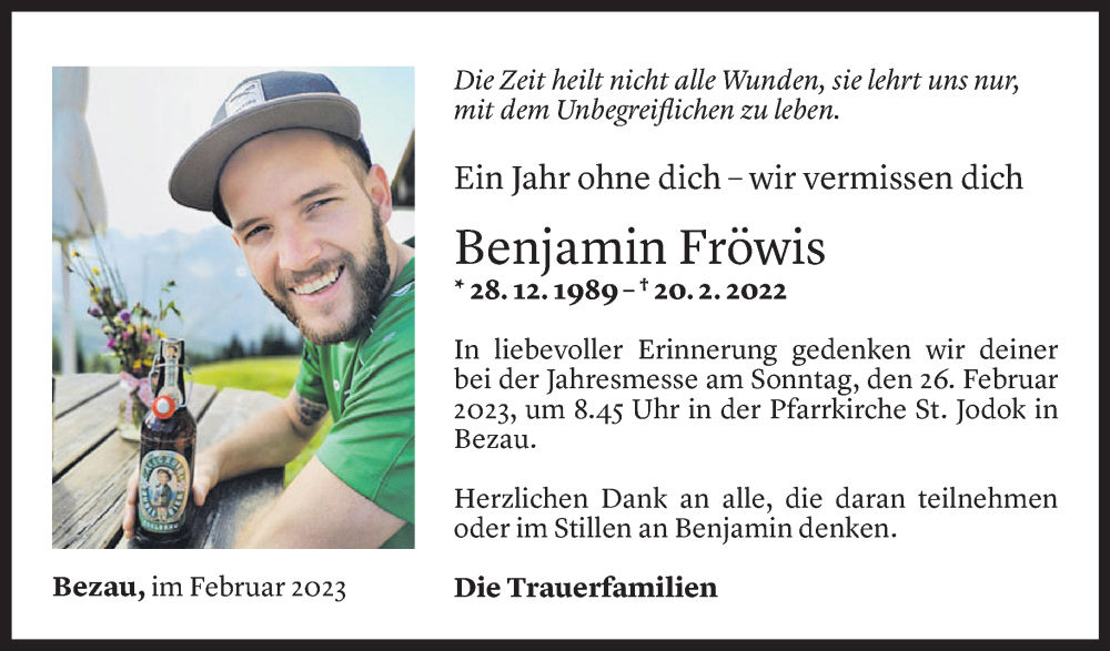  Todesanzeige für Benjamin Fröwis vom 19.02.2023 aus Vorarlberger Nachrichten