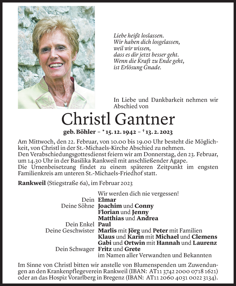  Todesanzeige für Christl Gantner vom 18.02.2023 aus Vorarlberger Nachrichten