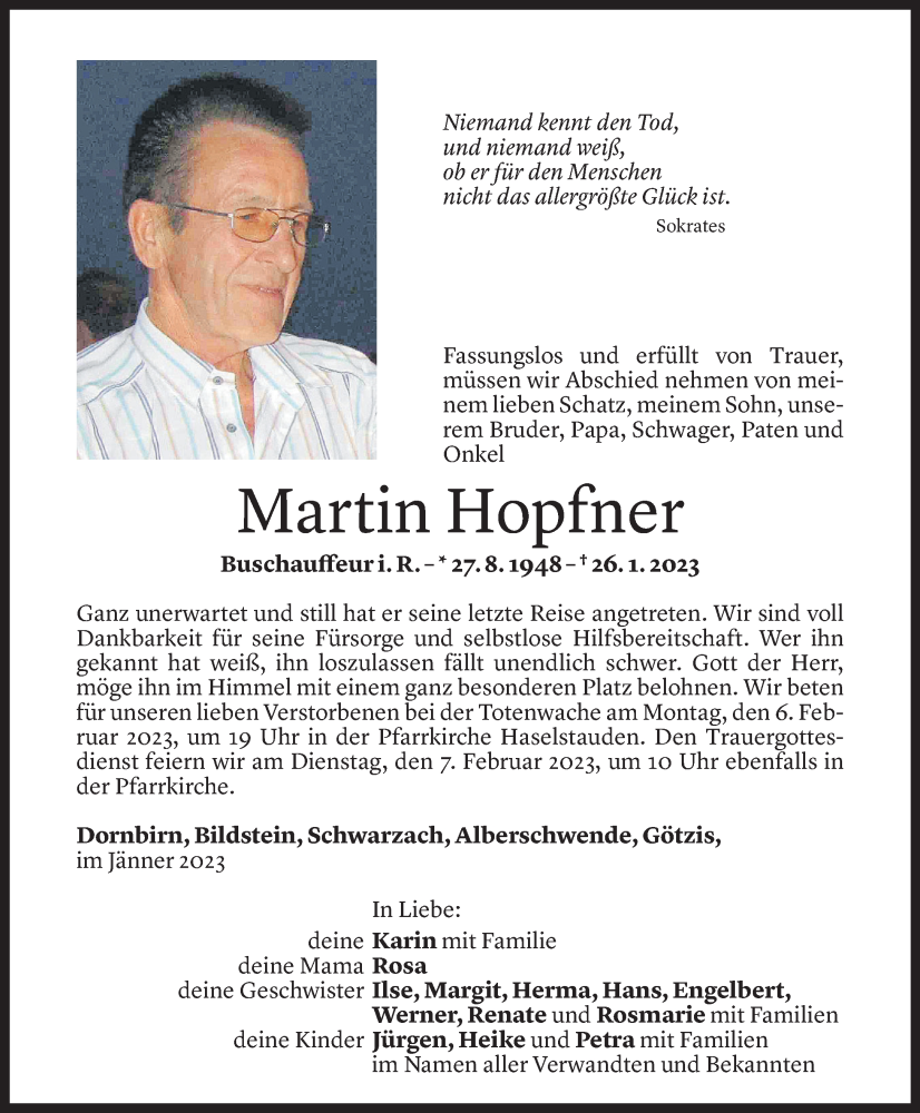  Todesanzeige für Martin Hopfner vom 05.02.2023 aus Vorarlberger Nachrichten