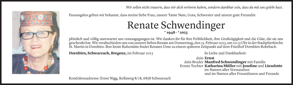  Todesanzeige für Renate Schwendinger vom 17.02.2023 aus Vorarlberger Nachrichten