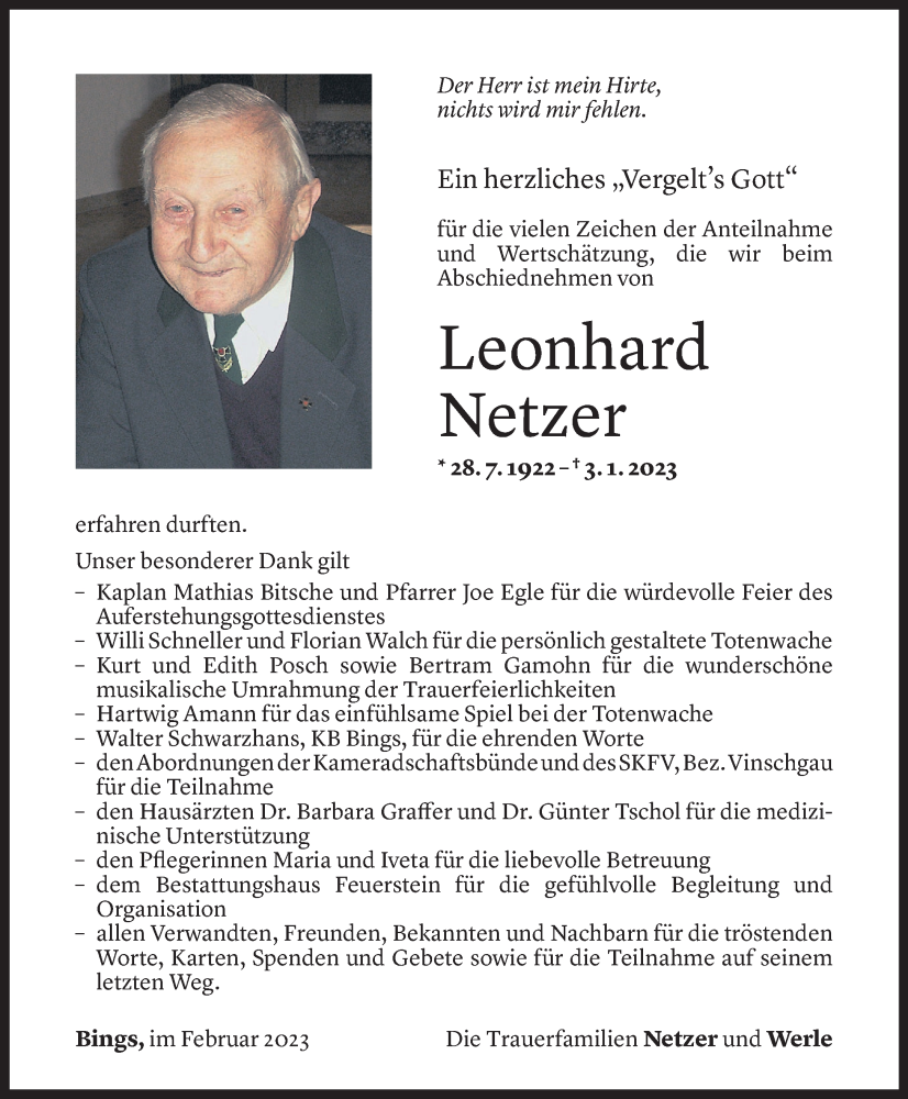  Todesanzeige für Leonhard Netzer vom 04.02.2023 aus vorarlberger nachrichten