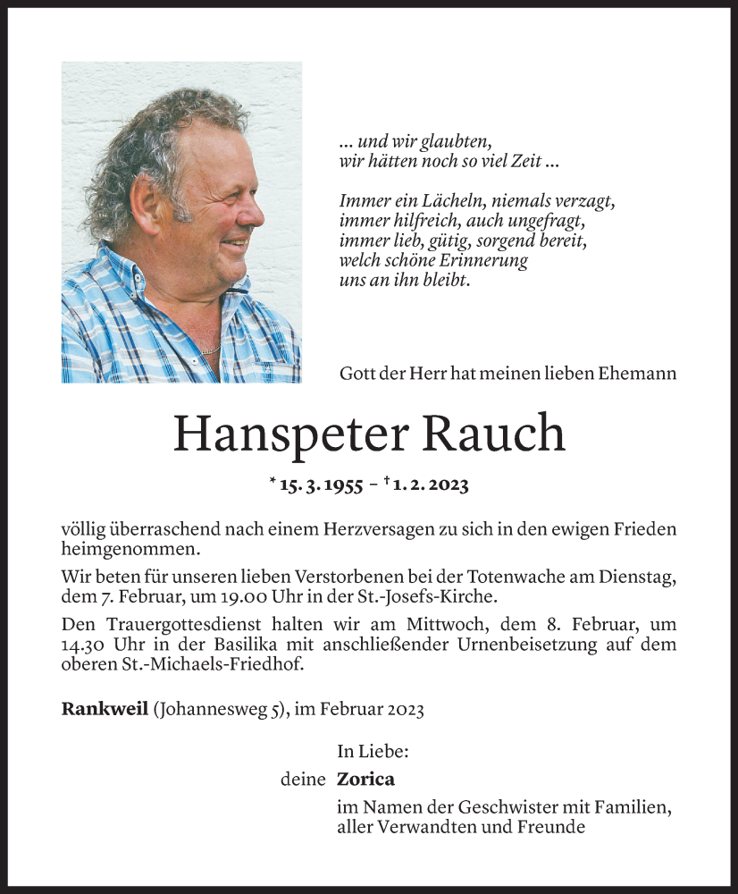  Todesanzeige für Hanspeter Rauch vom 04.02.2023 aus Vorarlberger Nachrichten