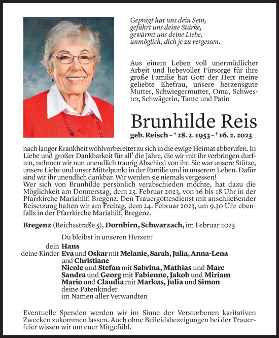 Todesanzeige von Brunhilde Reis von Vorarlberger Nachrichten