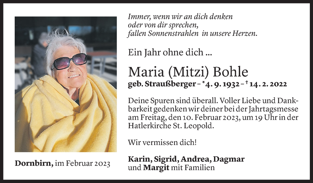  Todesanzeige für Maria Bohle vom 05.02.2023 aus Vorarlberger Nachrichten
