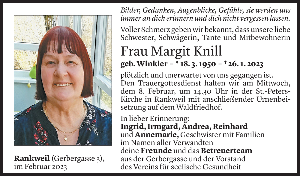  Todesanzeige für Margit Knill vom 04.02.2023 aus Vorarlberger Nachrichten