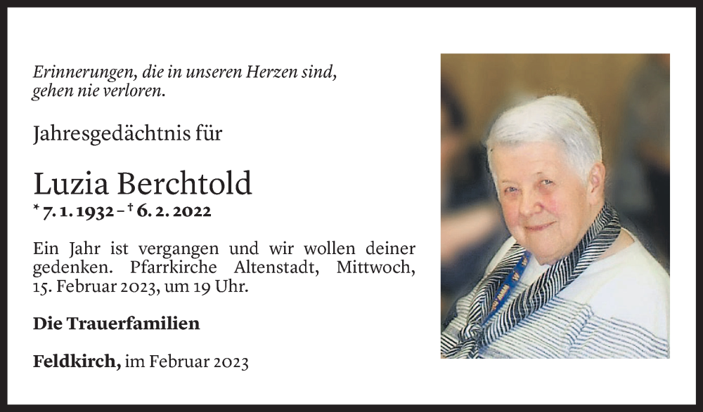  Todesanzeige für Luzia Berchtold vom 03.02.2023 aus Vorarlberger Nachrichten
