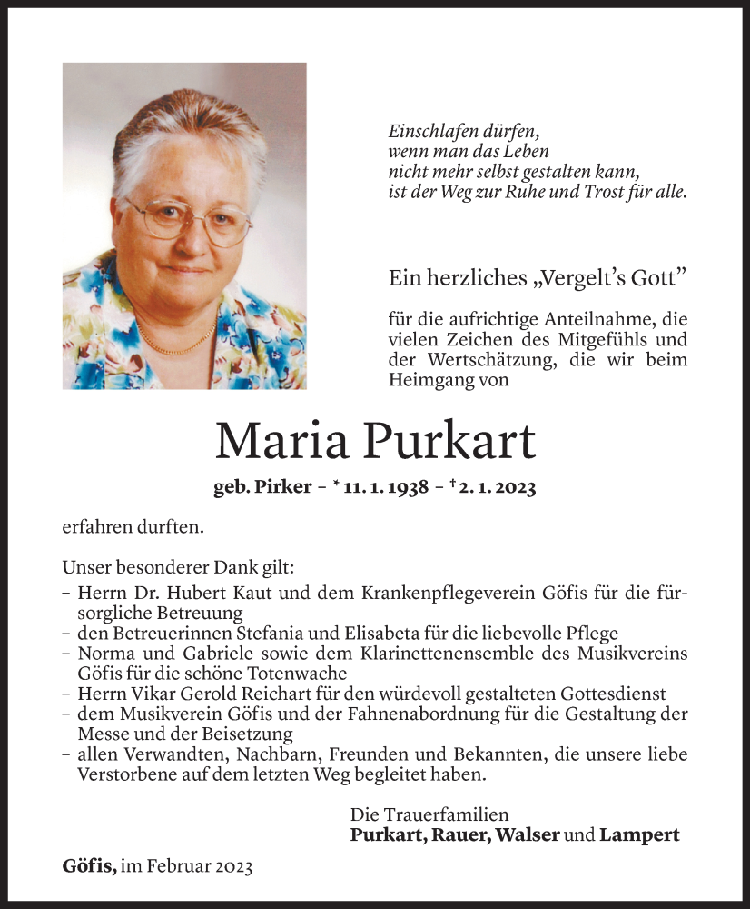  Todesanzeige für Maria Purkart vom 04.02.2023 aus Vorarlberger Nachrichten
