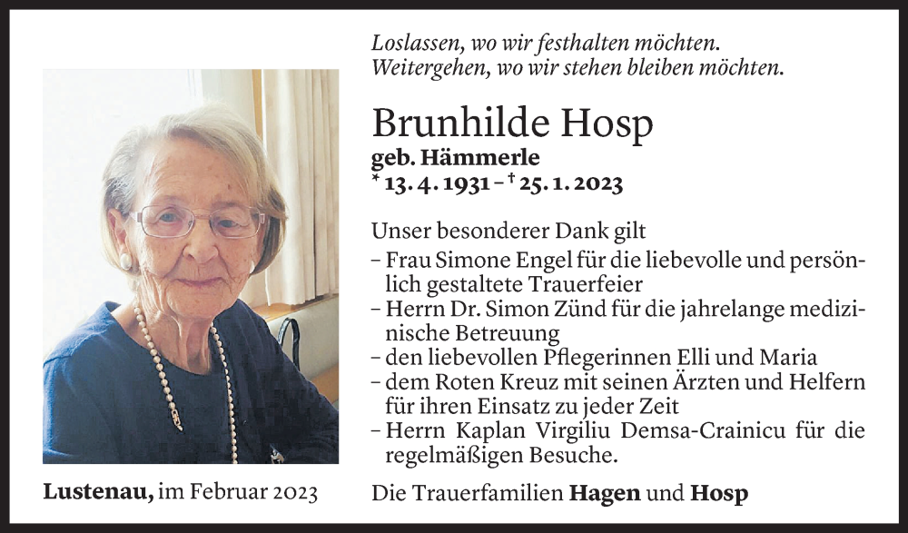  Todesanzeige für Brunhilde Hosp vom 24.02.2023 aus Vorarlberger Nachrichten