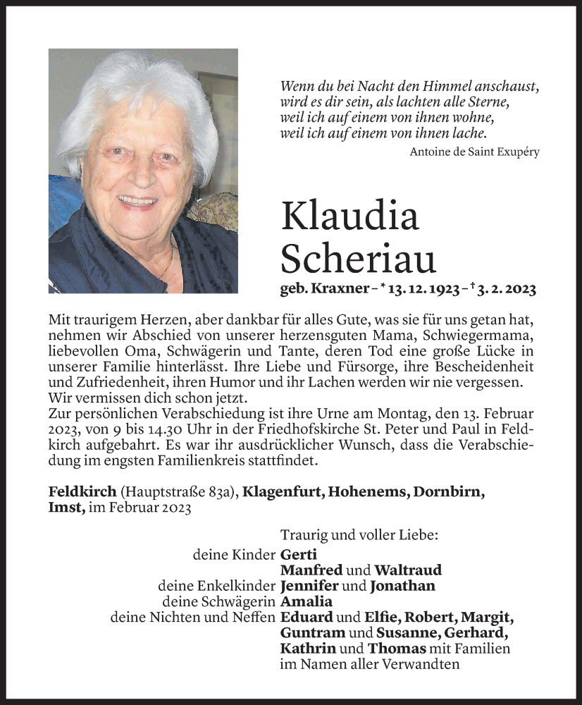  Todesanzeige für Klaudia Scheriau vom 08.02.2023 aus Vorarlberger Nachrichten