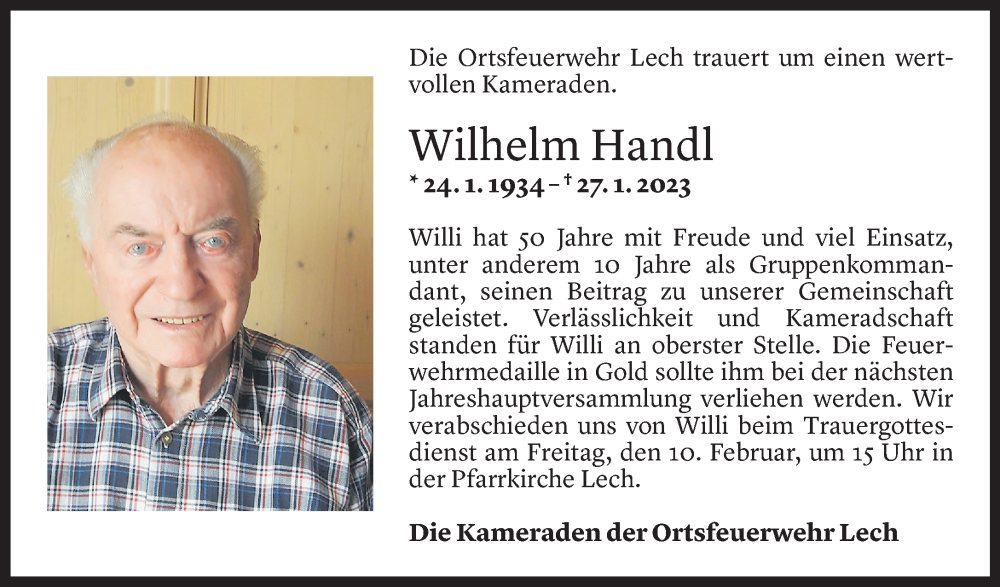 Todesanzeige für Wilhelm Handl vom 08.02.2023 aus Vorarlberger Nachrichten