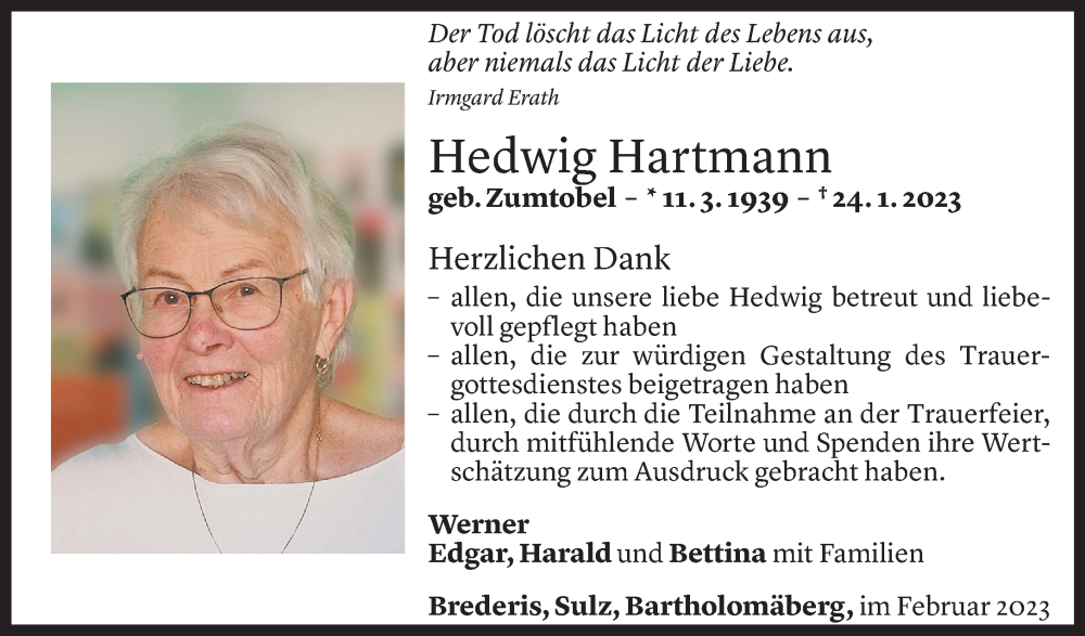  Todesanzeige für Hedwig Hartmann vom 18.02.2023 aus Vorarlberger Nachrichten