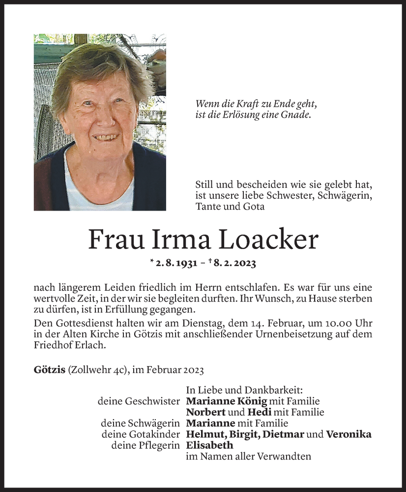  Todesanzeige für Irma Loacker vom 11.02.2023 aus Vorarlberger Nachrichten