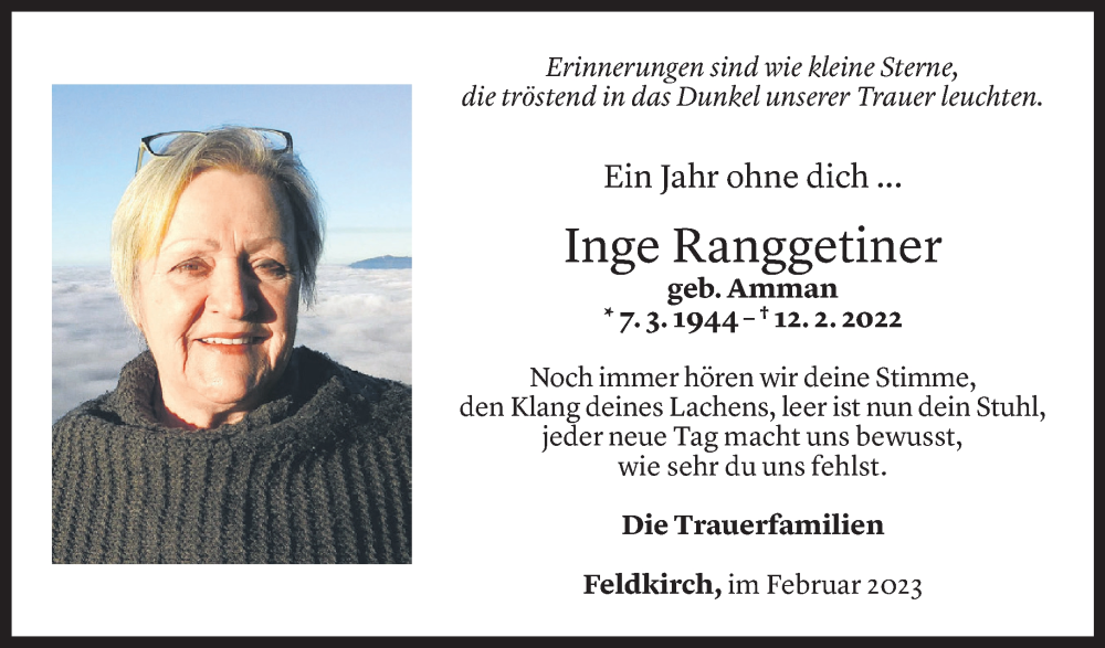  Todesanzeige für Ingeborg Ranggetiner vom 11.02.2023 aus Vorarlberger Nachrichten