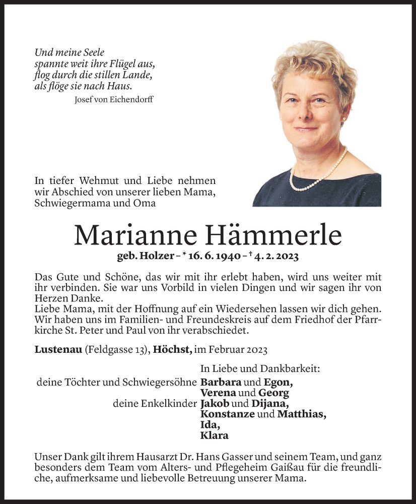  Todesanzeige für Marianne Hämmerle vom 10.02.2023 aus Vorarlberger Nachrichten