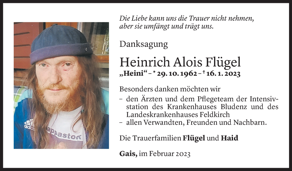  Todesanzeige für Heinrich Flügel vom 17.02.2023 aus Vorarlberger Nachrichten
