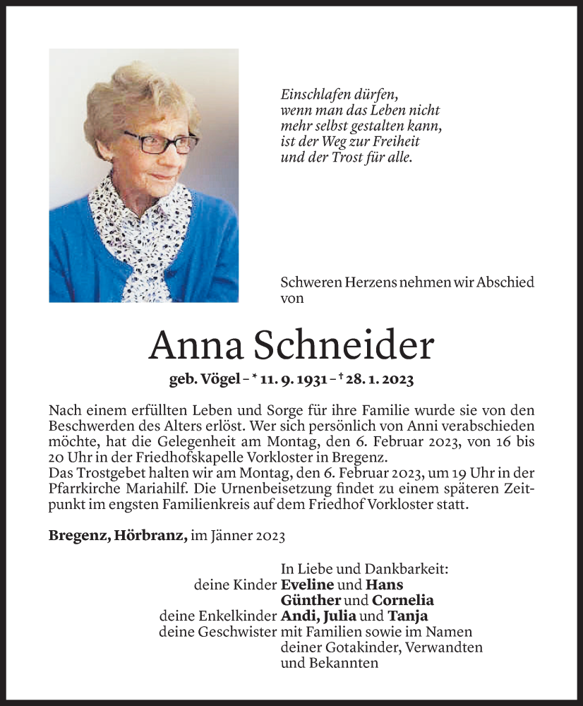  Todesanzeige für Anna Schneider vom 03.02.2023 aus Vorarlberger Nachrichten