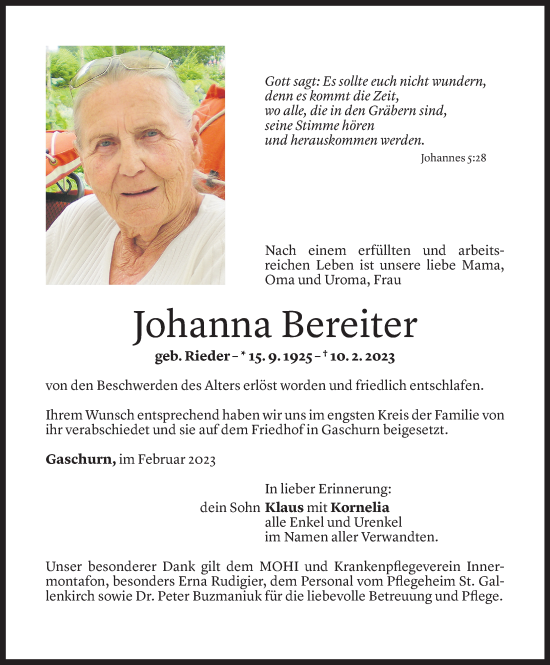 Todesanzeigen von Johanna Bereiter | Todesanzeigen Vorarlberger Nachrichten