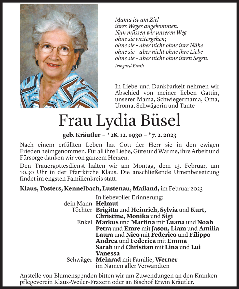 Todesanzeige für Lydia Büsel vom 11.02.2023 aus Vorarlberger Nachrichten