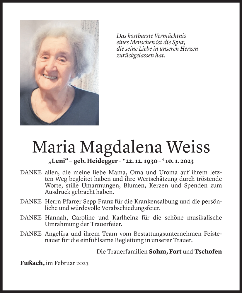  Todesanzeige für Maria Magdalena Weiss vom 03.02.2023 aus Vorarlberger Nachrichten