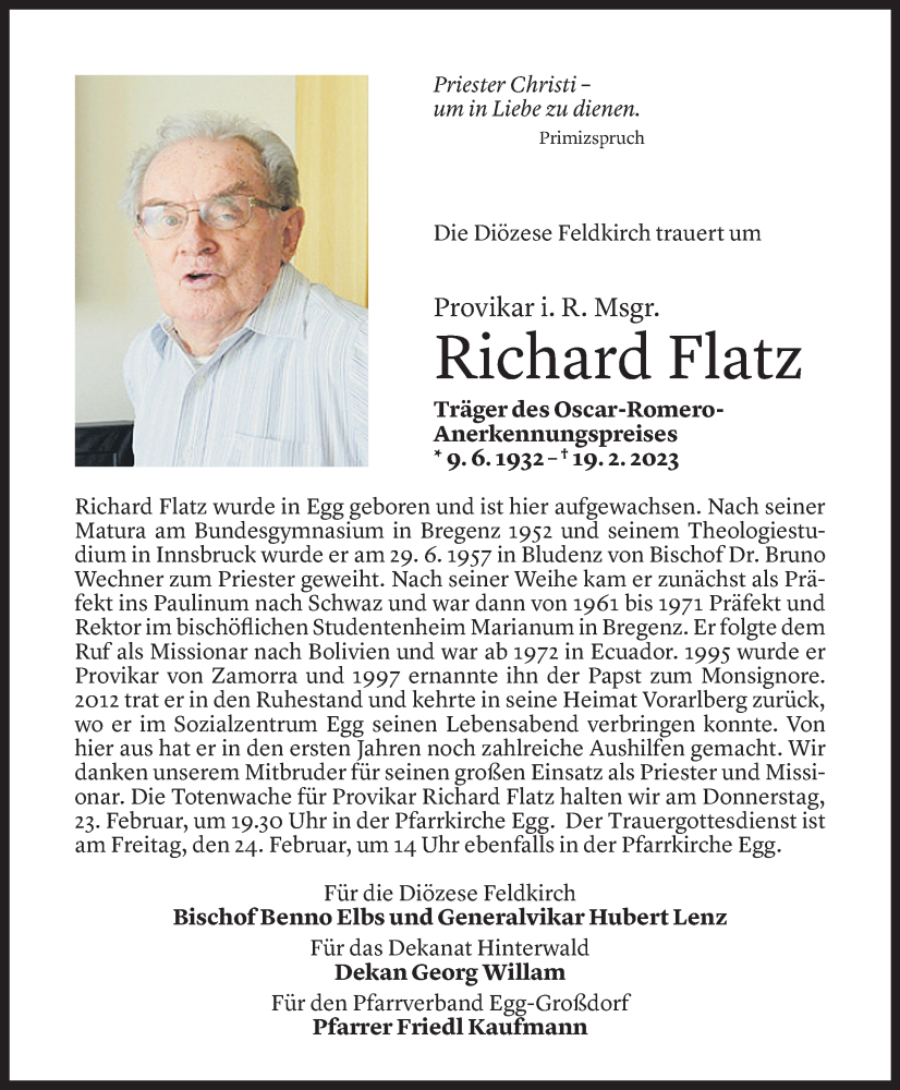  Todesanzeige für Richard Flatz vom 22.02.2023 aus Vorarlberger Nachrichten