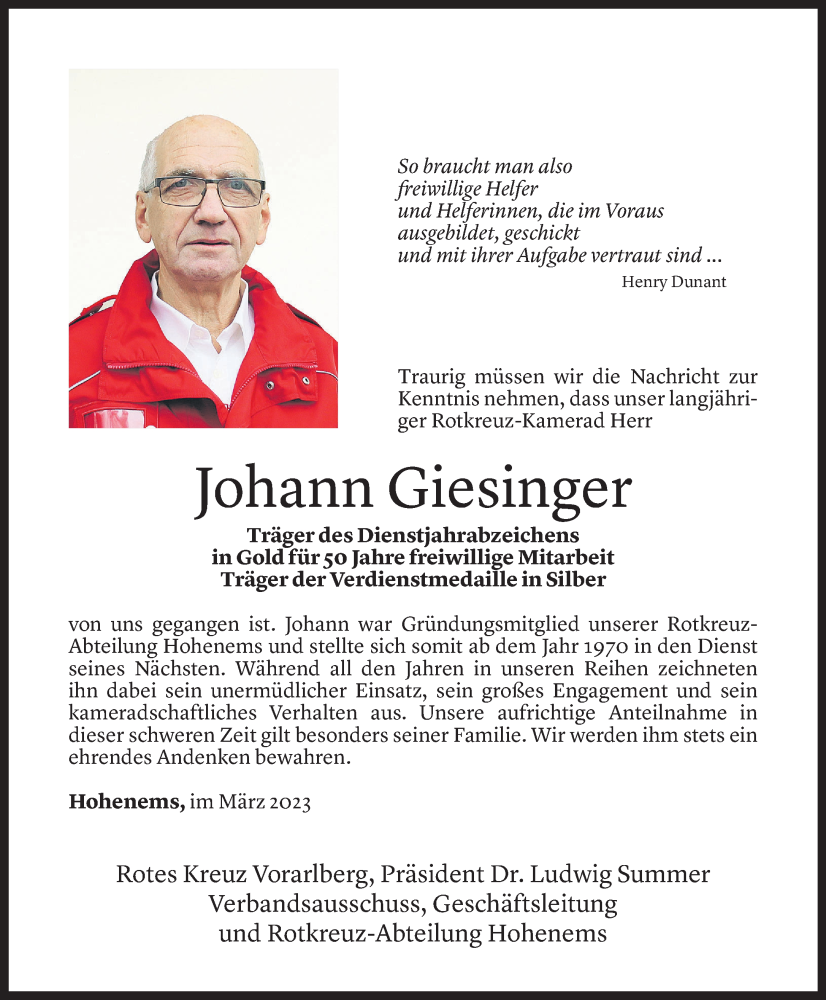  Todesanzeige für Hans Giesinger vom 22.03.2023 aus Vorarlberger Nachrichten