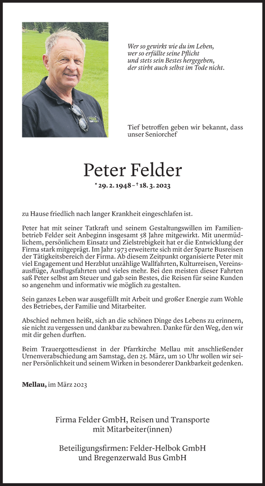  Todesanzeige für Peter Felder vom 22.03.2023 aus Vorarlberger Nachrichten