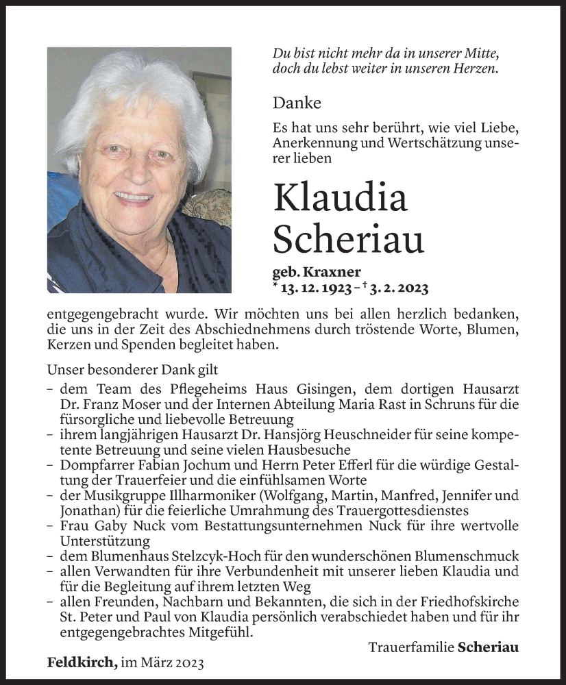  Todesanzeige für Klaudia Scheriau vom 08.03.2023 aus Vorarlberger Nachrichten