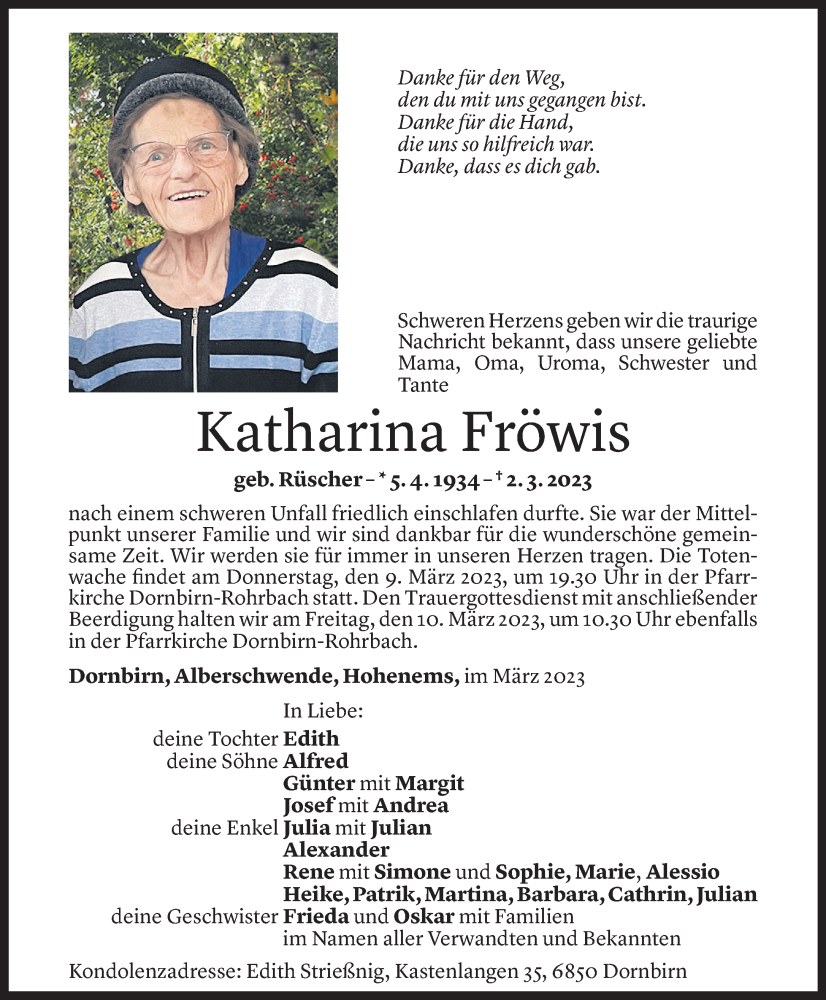  Todesanzeige für Katharina Fröwis vom 07.03.2023 aus Vorarlberger Nachrichten