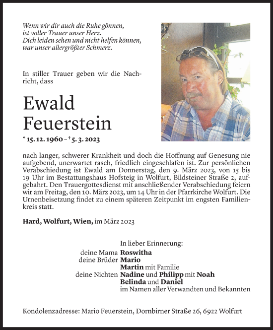 Todesanzeige von Ewald Feuerstein von Vorarlberger Nachrichten