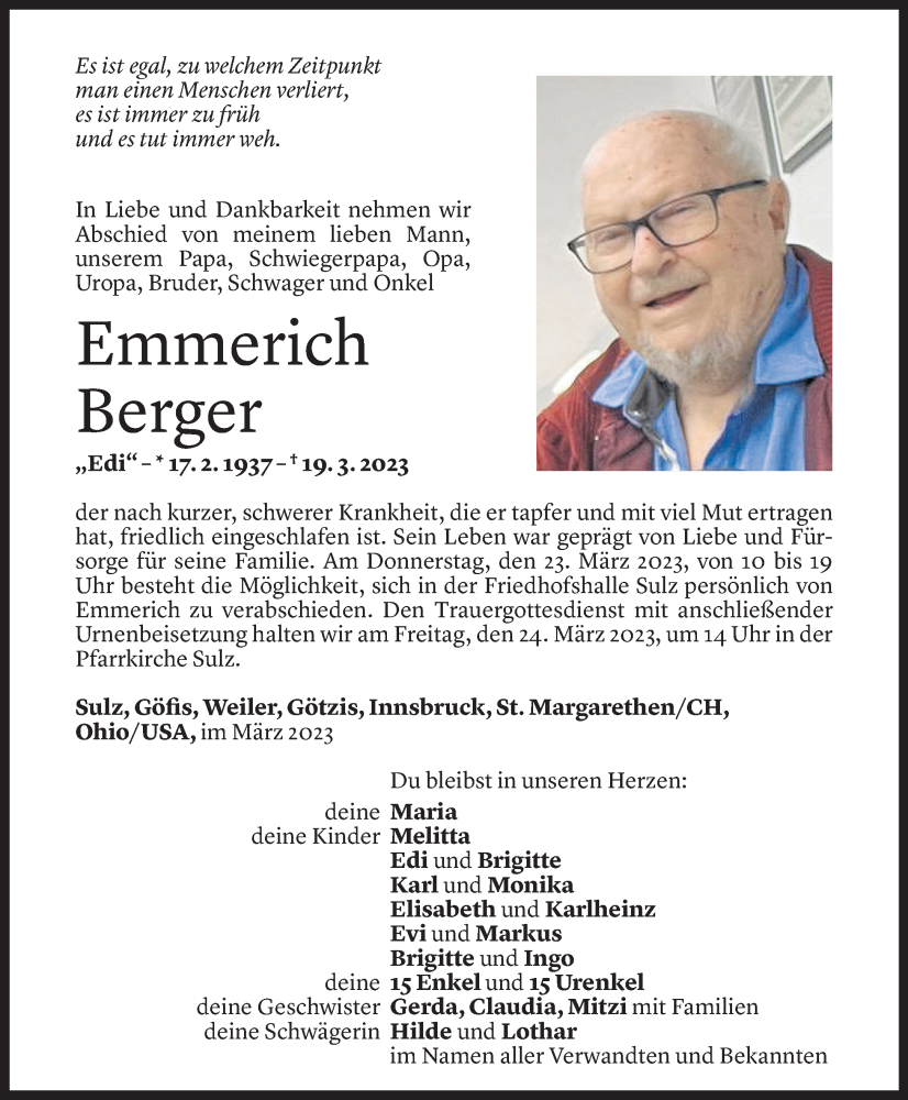  Todesanzeige für Emmerich Berger vom 22.03.2023 aus Vorarlberger Nachrichten
