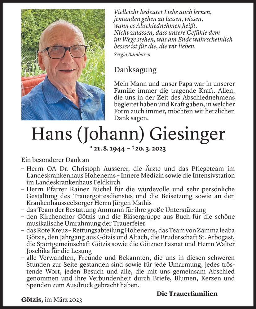  Todesanzeige für Hans Giesinger vom 31.03.2023 aus Vorarlberger Nachrichten
