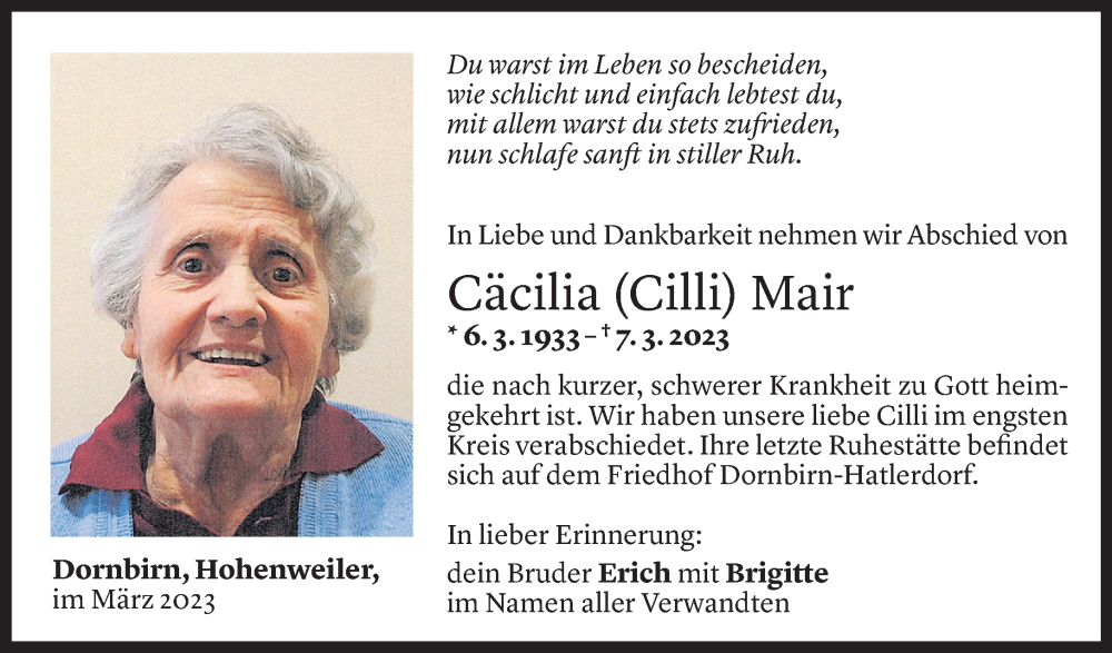  Todesanzeige für Cäcilia Mair vom 18.03.2023 aus Vorarlberger Nachrichten