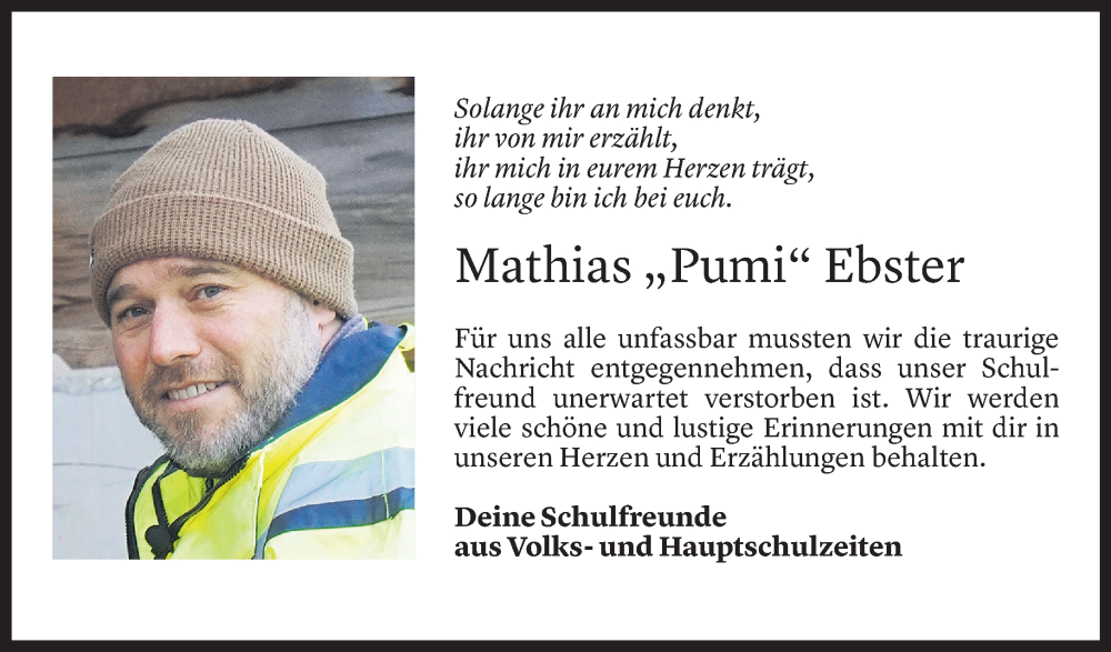  Todesanzeige für Mathias Ebster vom 15.03.2023 aus Vorarlberger Nachrichten