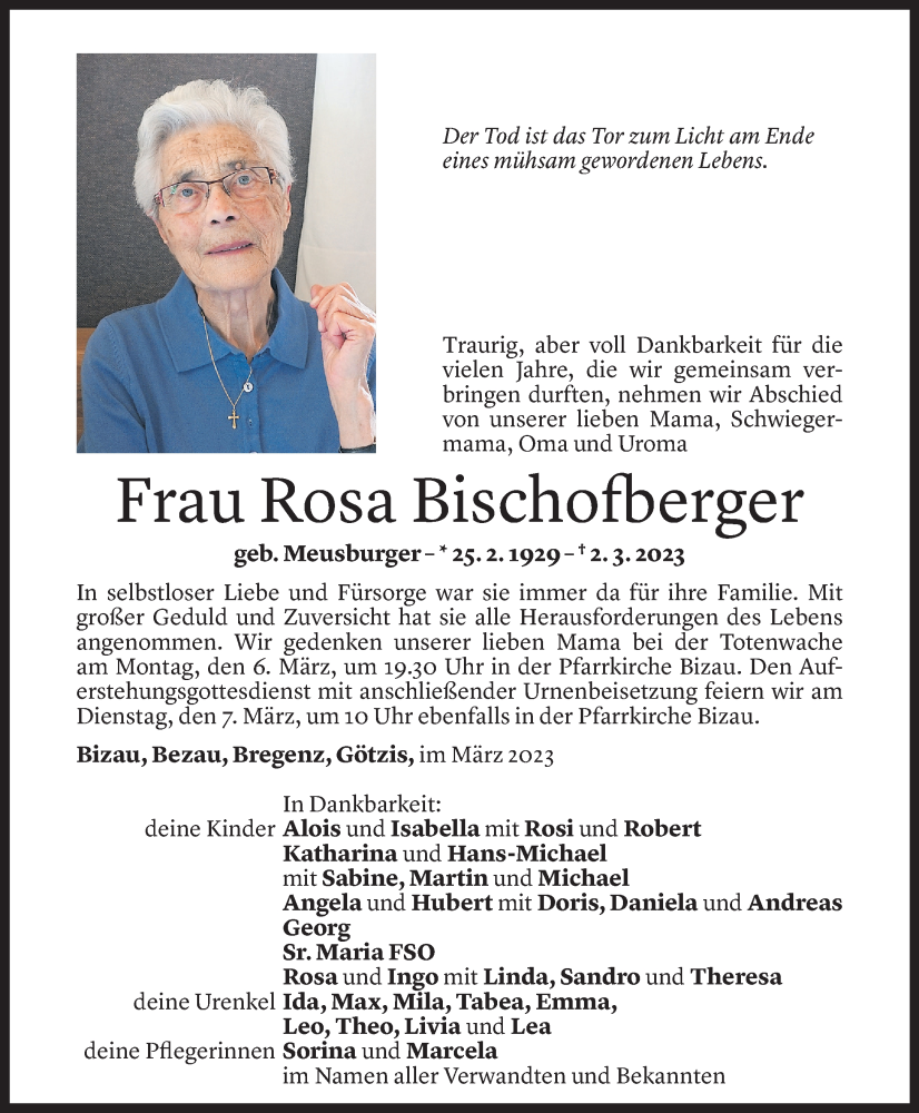  Todesanzeige für Rosa Bischofberger vom 03.03.2023 aus Vorarlberger Nachrichten