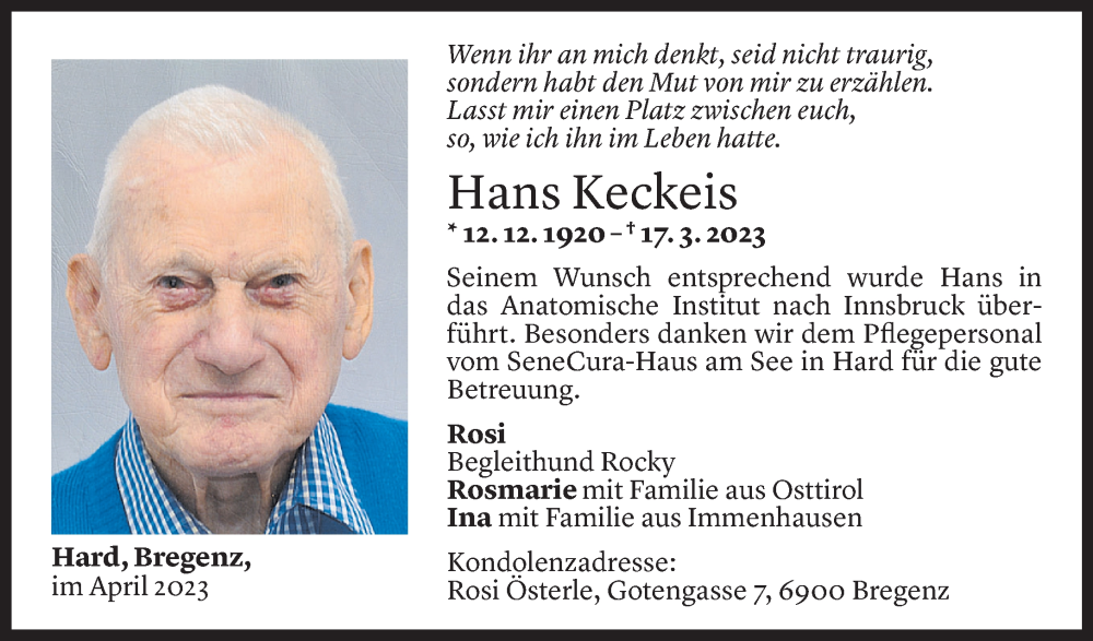  Todesanzeige für Hans Keckeis vom 01.04.2023 aus Vorarlberger Nachrichten