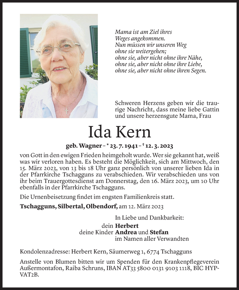  Todesanzeige für Ida Kern vom 14.03.2023 aus Vorarlberger Nachrichten