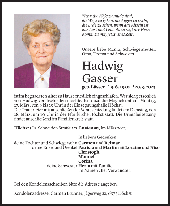 Todesanzeige von Hadwig Gasser von Vorarlberger Nachrichten