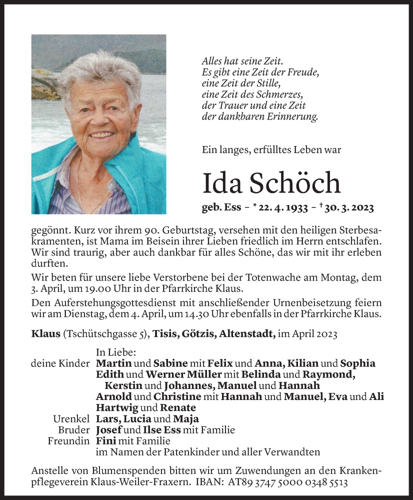  Todesanzeige für Ida Schöch vom 01.04.2023 aus Vorarlberger Nachrichten