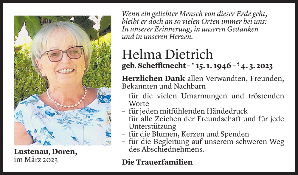  Todesanzeige für Helma Dietrich vom 28.03.2023 aus Vorarlberger Nachrichten