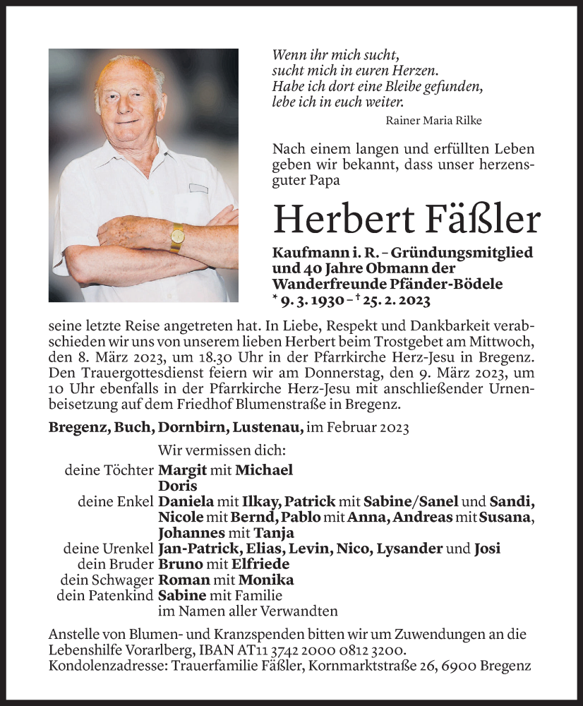  Todesanzeige für Herbert Fäßler vom 03.03.2023 aus Vorarlberger Nachrichten