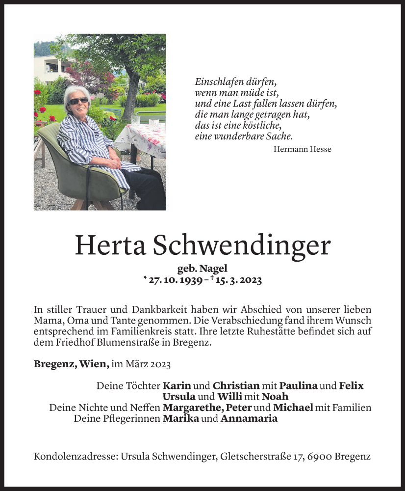  Todesanzeige für Herta Schwendinger vom 25.03.2023 aus Vorarlberger Nachrichten