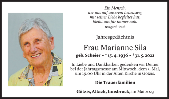 Todesanzeige von Marianne Sila von Vorarlberger Nachrichten