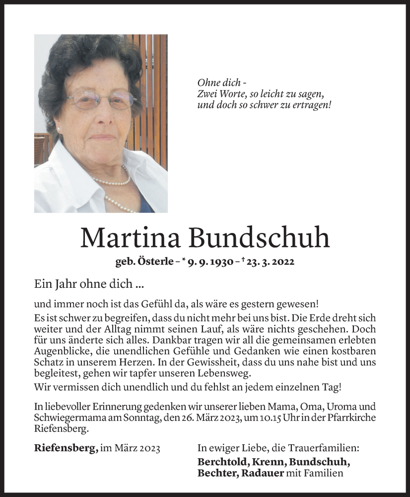  Todesanzeige für Martina Bundschuh vom 23.03.2023 aus Vorarlberger Nachrichten