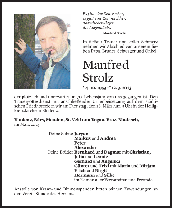 Todesanzeige von Manfred Strolz von Vorarlberger Nachrichten